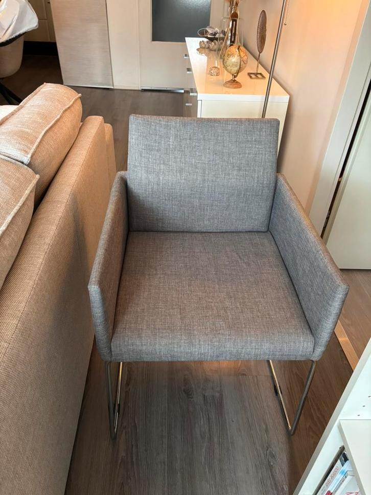 Eetkamerstoelen grijs (4x), Huis en Inrichting, Stoelen, Gebruikt, Vier, Stof, Grijs, Ophalen