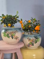 Vintage barbotine bloempot art nouveau met bloemetjes, Ophalen of Verzenden