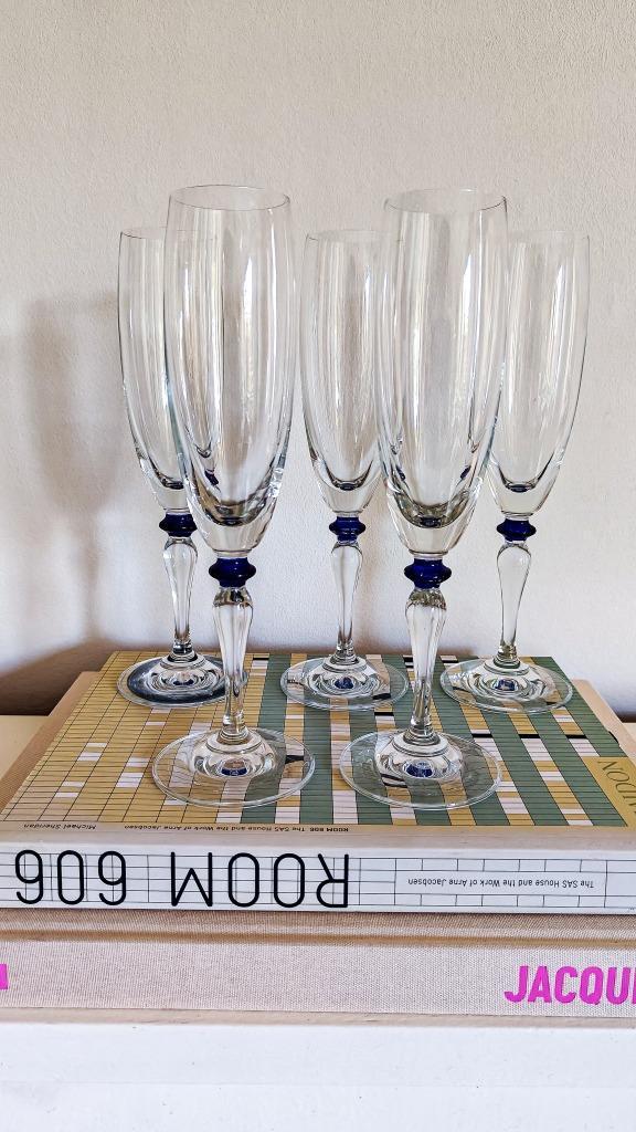 5x Vintage Champagneglas Donkerblauw Bolletje, Antiek en Kunst, Antiek | Glas en Kristal, Ophalen of Verzenden