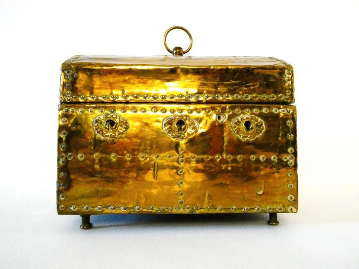 Sieradenkist kistje juwelenkist van hout met koper beslagen, Antiek en Kunst, Antiek | Koper en Brons, Ophalen of Verzenden