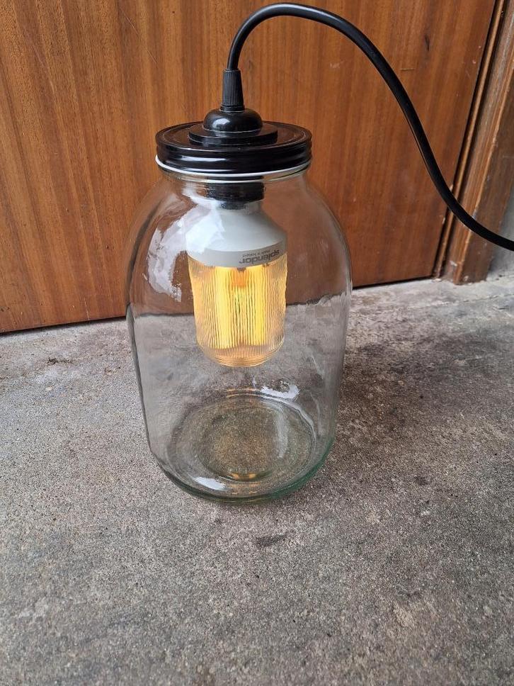 hanglamp van glazen fles, Huis en Inrichting, Lampen | Hanglampen, Zo goed als nieuw, Minder dan 50 cm, Glas, Ophalen of Verzenden