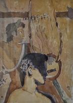 Aquarel jongen tegen Etruskische wandschildering, Ophalen of Verzenden