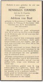 Hendricus Timmers 1884 Kaatsheuvel + 1944 Tilburg, 60 jr, Verzamelen, Bidprentjes en Rouwkaarten, Verzenden, Bidprentje