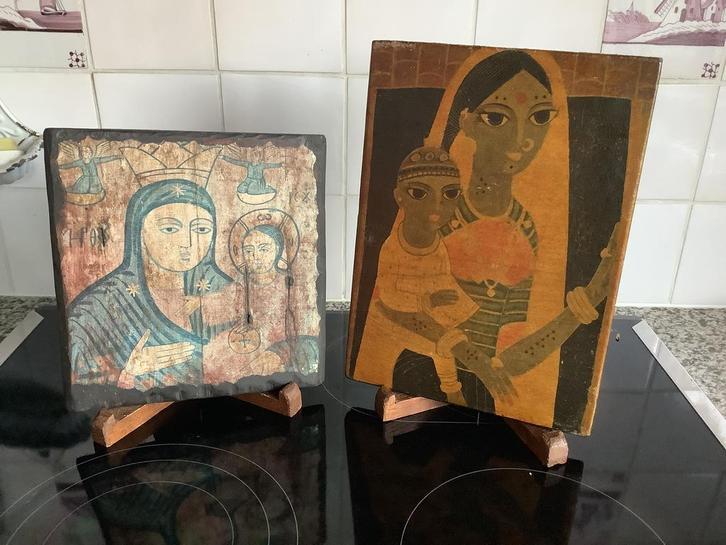 Oude houten panelen Maria met kind, Antiek en Kunst, Antiek | Religie, Ophalen of Verzenden