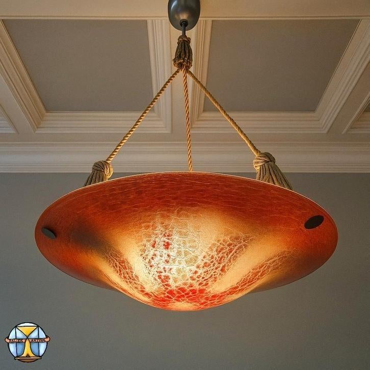Antieke Oranje Duits Art Deco WMF Ikora Glazen Hanglamp 1930, ., WMF, Art Deco / Buahaus / Vintage / Antiek, Ophalen of Verzenden