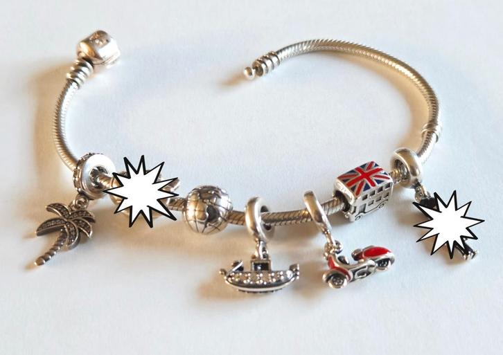 ZILVEREN PANDORA REISBEDELS  🏝, Sieraden, Tassen en Uiterlijk, Bedels, Zo goed als nieuw, Pandora, Zilver, Met strass, Ophalen