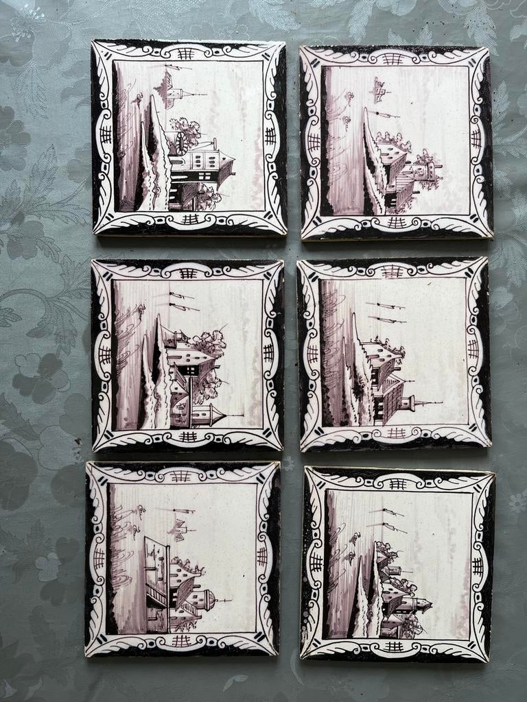 Delfts paars mangaan tegels 6 stuks (+1 extra), Ophalen of Verzenden