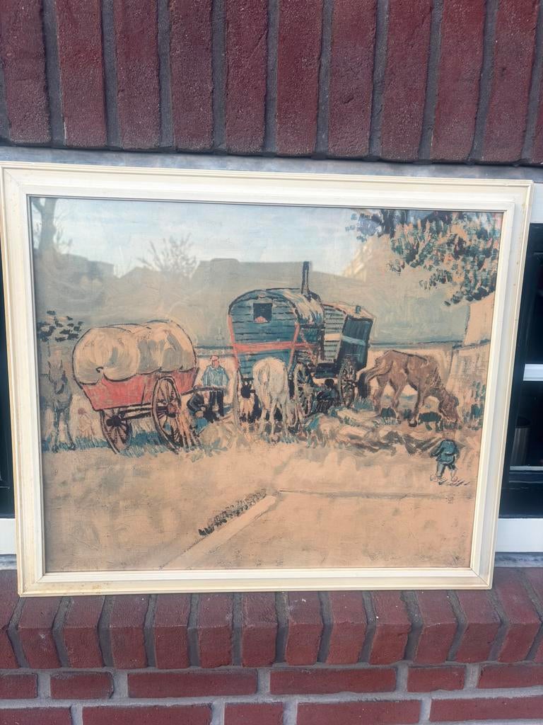 Zigeunerkamp met wagens schilderij vincent van Gogh antiek., Ophalen