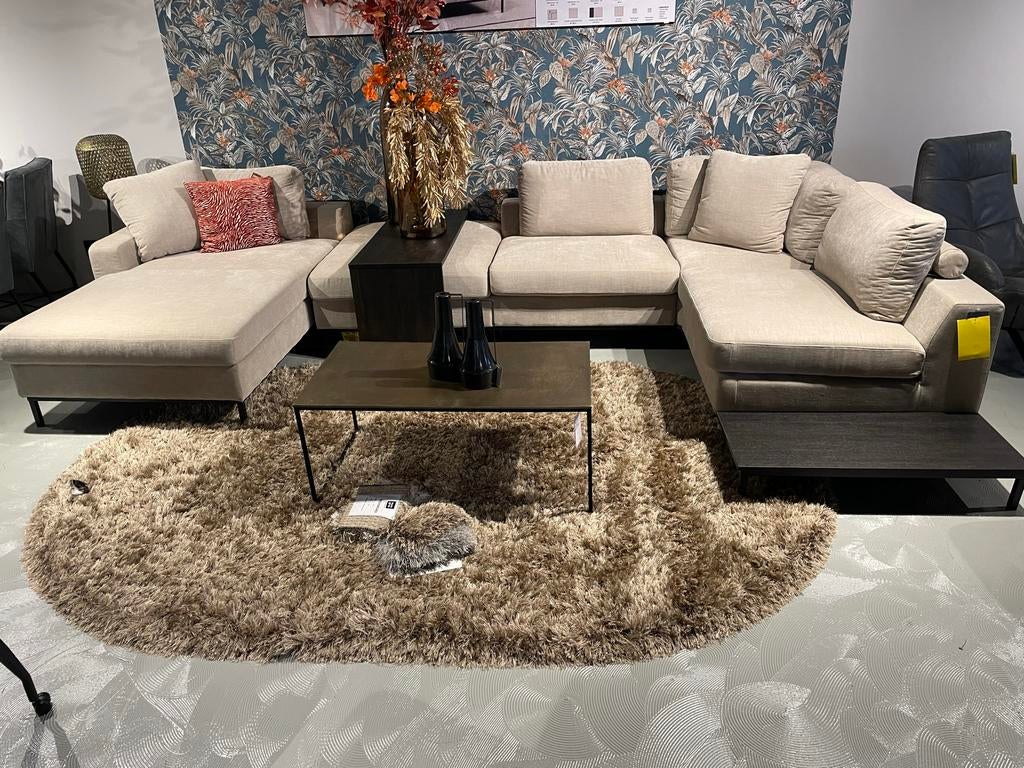 Luxe stoffen hoekbank met chaise longue en zijtafels, Huis en Inrichting, Ophalen, Hoekbank, 300 cm of meer, Zo goed als nieuw