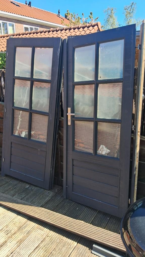 Dubbele houten (tuin)deuren met glas, leuke set!, Ophalen of Verzenden, Gebruikt, Glas, 200 tot 215 cm