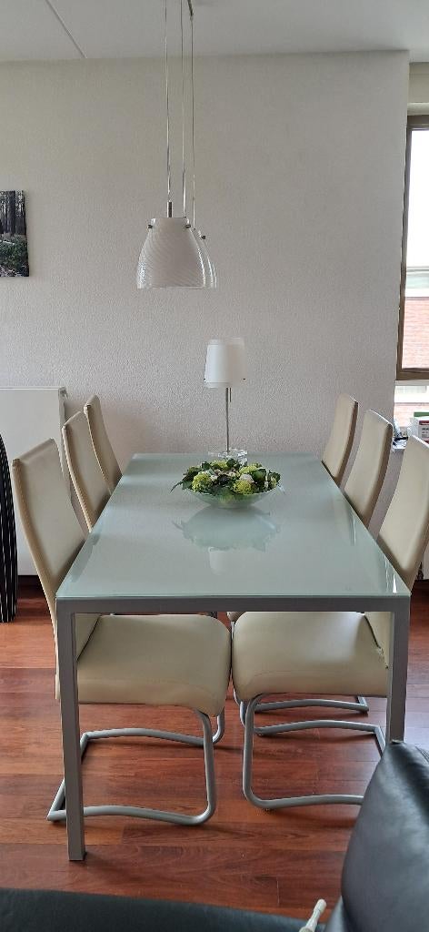 Eet- en salontafel mat melkglas witte bladen, Ophalen, 50 tot 100 cm, Vijf personen of meer, 150 tot 200 cm