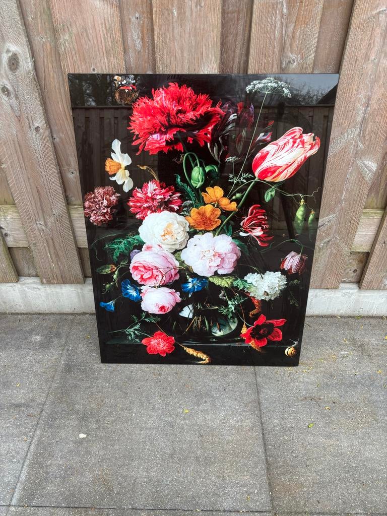 Bloemenschilderij op glasplaat, Antiek en Kunst, Ophalen