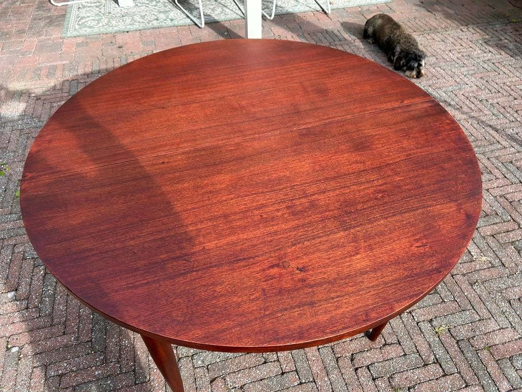 Vintage Mid-century Ronde uitschuifbare eetkamertafel, Ophalen, Gebruikt, 50 tot 75 cm, Rond