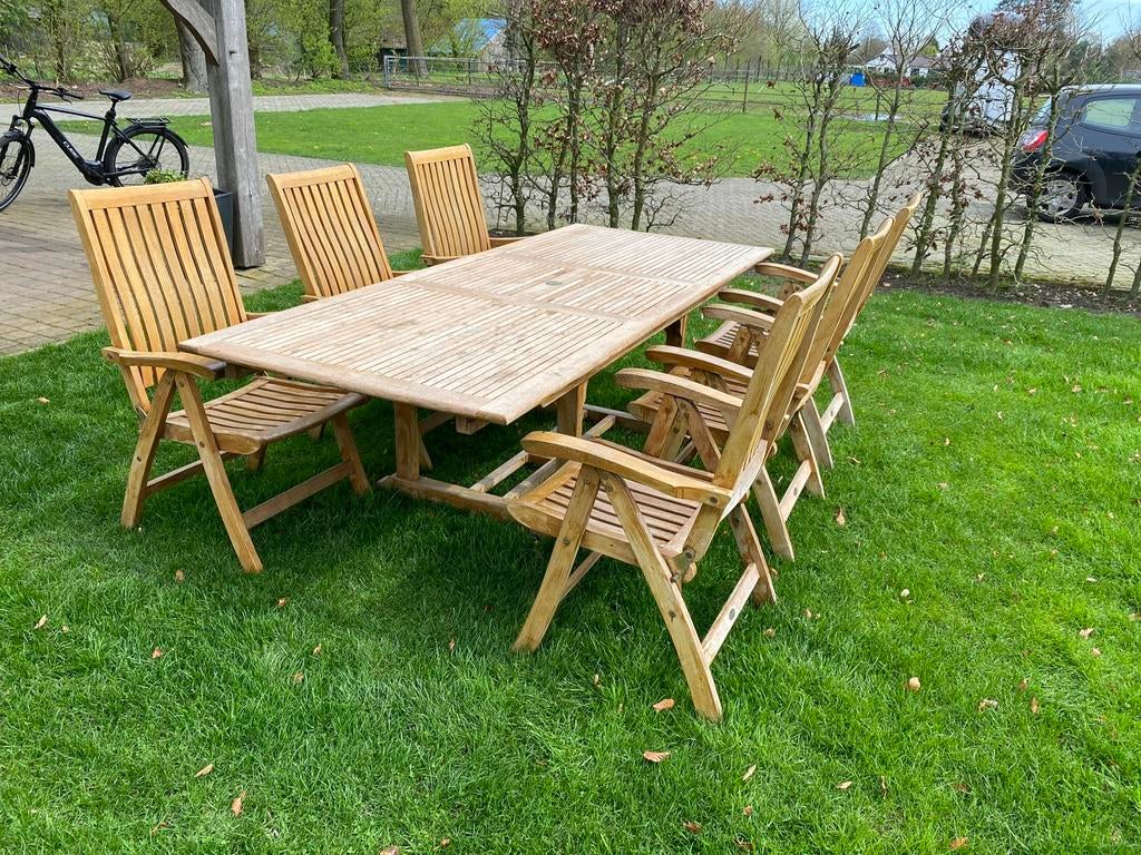 Teakhouten tuinset met uitschuifbare tafel en 6 stoelen, Tuin en Terras, Tuinsets en Loungesets, Gebruikt, Eettafel, 6 zitplaatsen