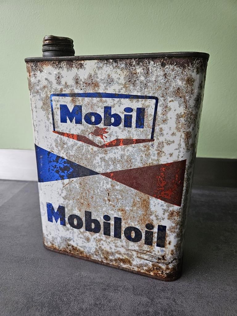Vintage Mobil Mobiloil olieblik 2 liter Decoratief, Verzamelen, Ophalen