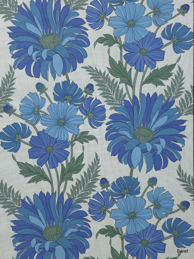 12489 vintage bloemen behang in blauw en groentinten swiet, Ophalen of Verzenden, 25 tot 50 m², Wit