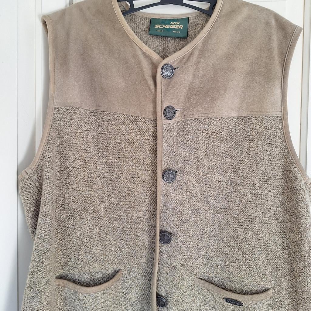 Trachten gilet leer Oostenrijk Tiroler vest 50, Ophalen, Sigi Scheiber, Maat 48/50 (M), Beige