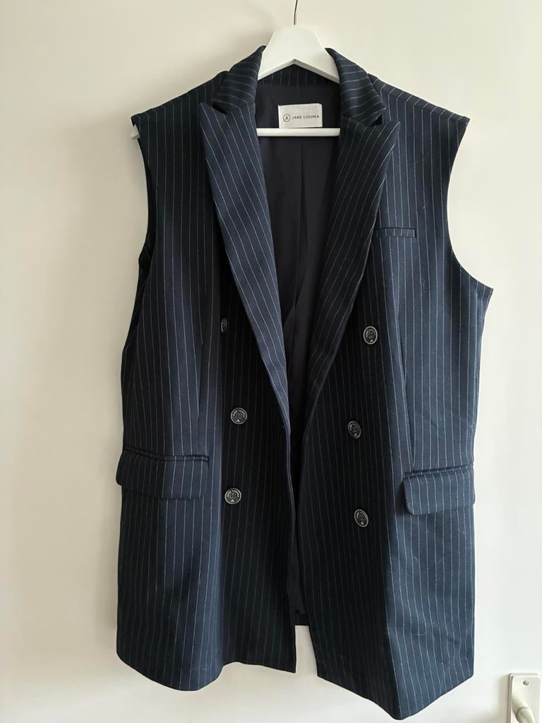 Gilet; blauw met strepen van Jane Lushka, Kleding | Dames, Bodywarmers, Ophalen, Zo goed als nieuw, Maat 42/44 (L), Blauw
