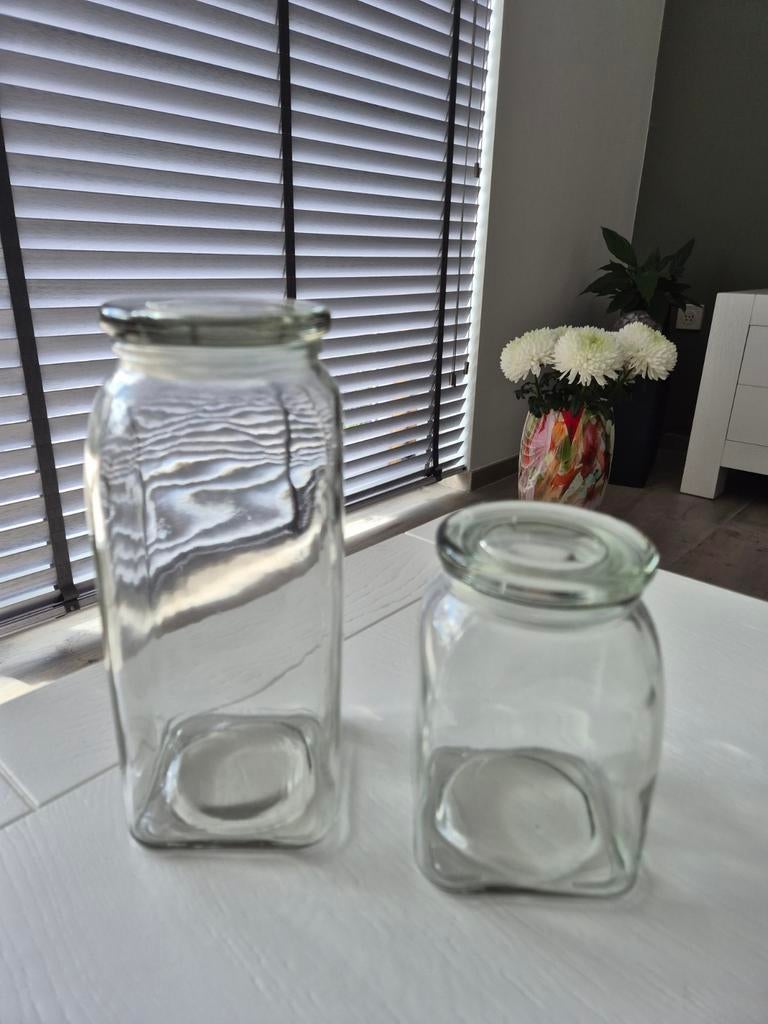 Vintage glazen voorraad- / weck potten, set van 2, Glas, Ophalen of Verzenden, Zo goed als nieuw, Voorraadpot