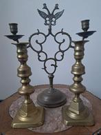 Drie antieke koperen kandelaars w.o wapen van Nijmegen, Ophalen of Verzenden, Koper of Brons