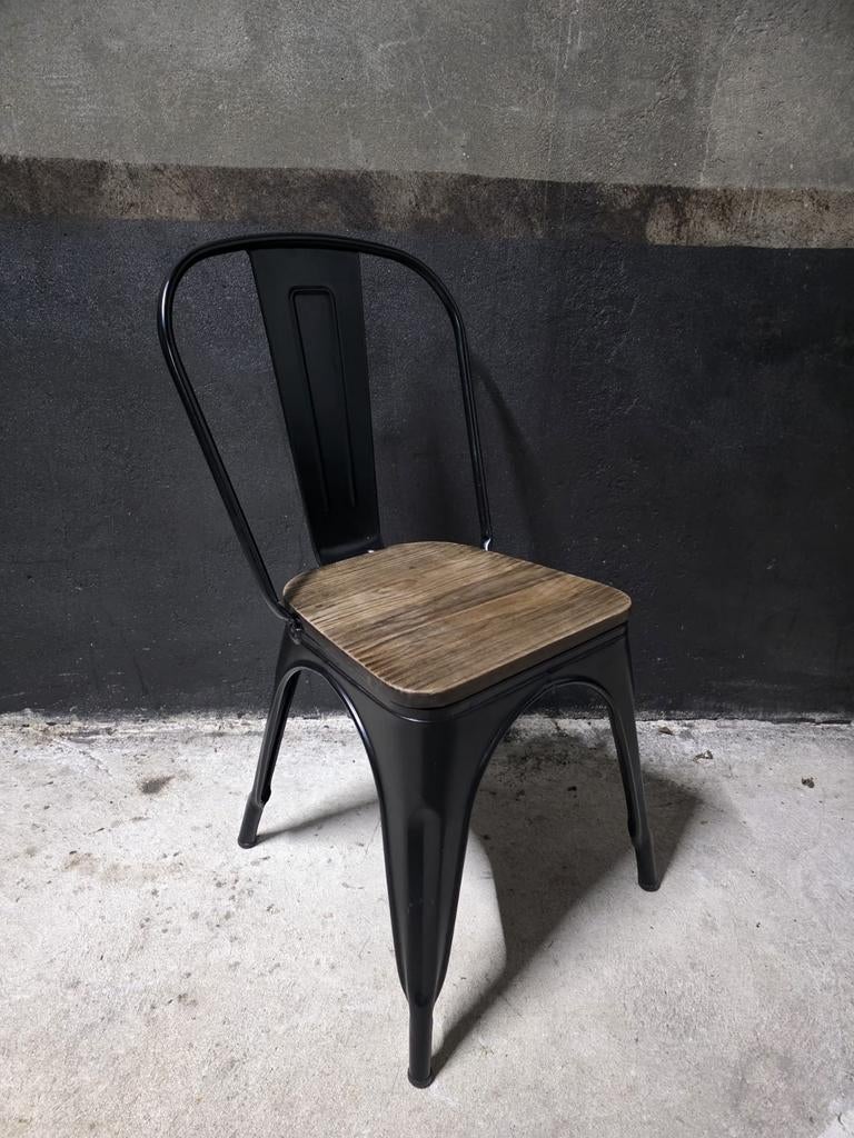 61 Industriële stoelen hout metaal Tolix cafe horeca kantine, Zwart, Ophalen of Verzenden, Zo goed als nieuw, Vijf, Zes of meer stoelen