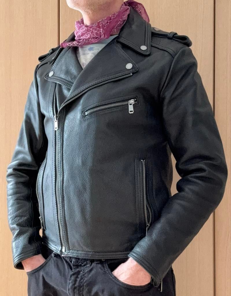 Ongedragen H&M lederen biker-jas, zwart maat M, Ophalen of Verzenden, Zo goed als nieuw, Maat 48/50 (M), Zwart