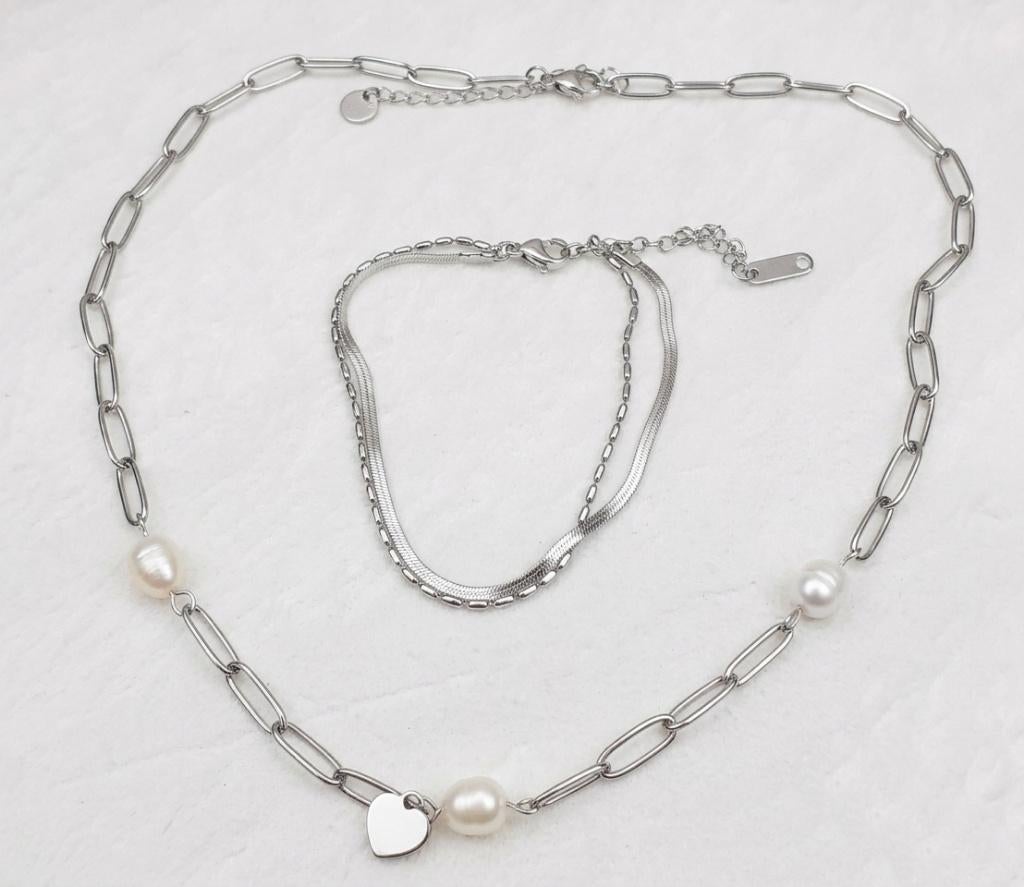 Juwelenset zilver met zoetwaterparel, Sieraden, Tassen en Uiterlijk, Verzenden, Nieuw, Verstelbaar, Steen of Mineraal