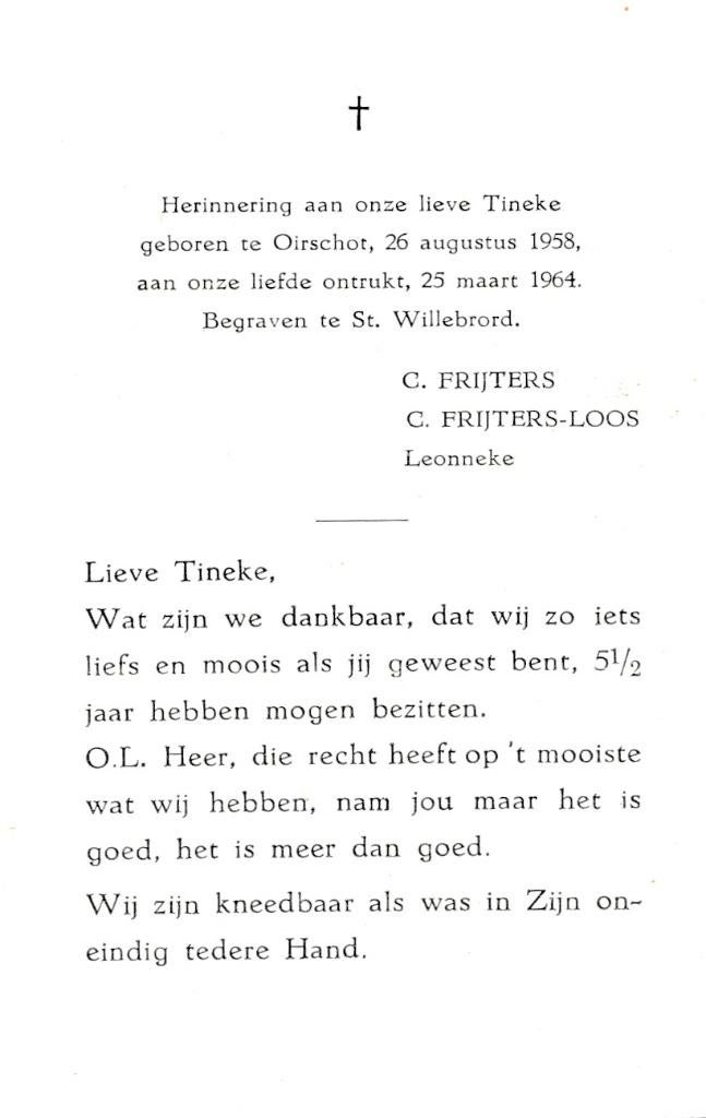 Frijters Tineke 1958 Oirschot 1964 Begr St. Willebrord, Ophalen of Verzenden, Bidprentje