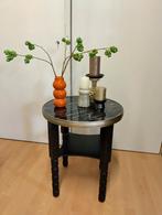 Rooktafel zwart hout vintage art deco glasplaat plantentafel, Minder dan 55 cm, Gebruikt, Rond, Hout