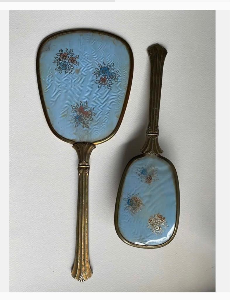 Antieke Haar Borstel/ spiegel set, blauw bloem, Ophalen of Verzenden