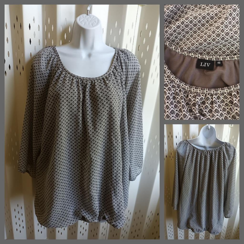 LIV Blouse met grijze geometrische print, maat 48, Kleding | Dames, Maat 46/48 (XL) of groter, Ophalen of Verzenden, Grijs, Gedragen