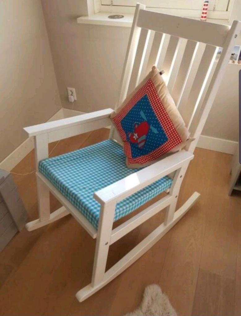 Witte houten schommelstoel met kussen, Ophalen, Gebruikt, Wit, Stof