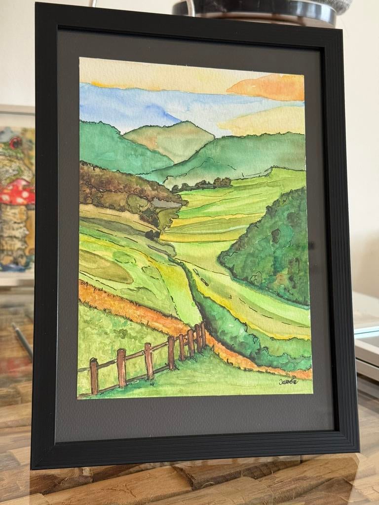 Aquarel in lijst landschap met bergen, Antiek en Kunst, Kunst | Schilderijen | Klassiek, Ophalen of Verzenden