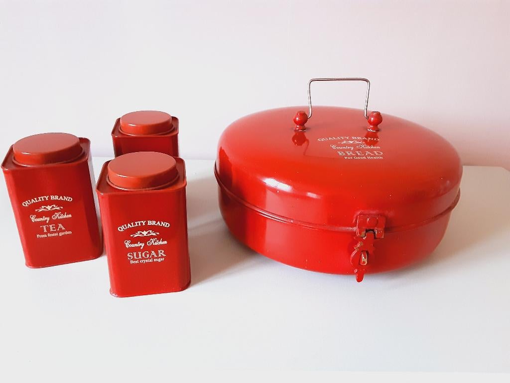 Vintage Rode Metalen Ronde Broodtrommel + 3 Bewaarblikken, Antiek en Kunst, Ophalen