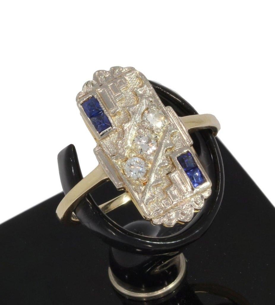 Diamant blauwe saffier 14k gouden art deco ring dames antiek, Verzenden, Goud, Ring, Met edelsteen