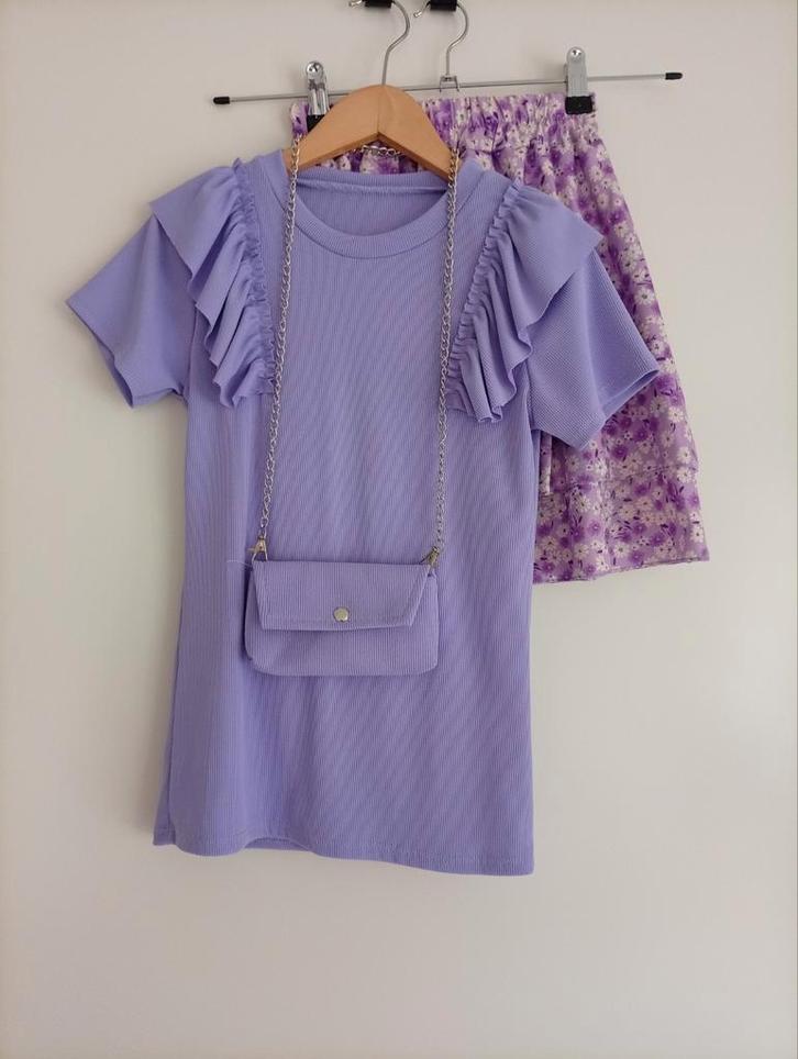 Setje shirt + rok + tasje lila maat 14 (164), Kinderen en Baby's, Kinderkleding | Maat 164, Zo goed als nieuw, Meisje, Setje, Ophalen of Verzenden