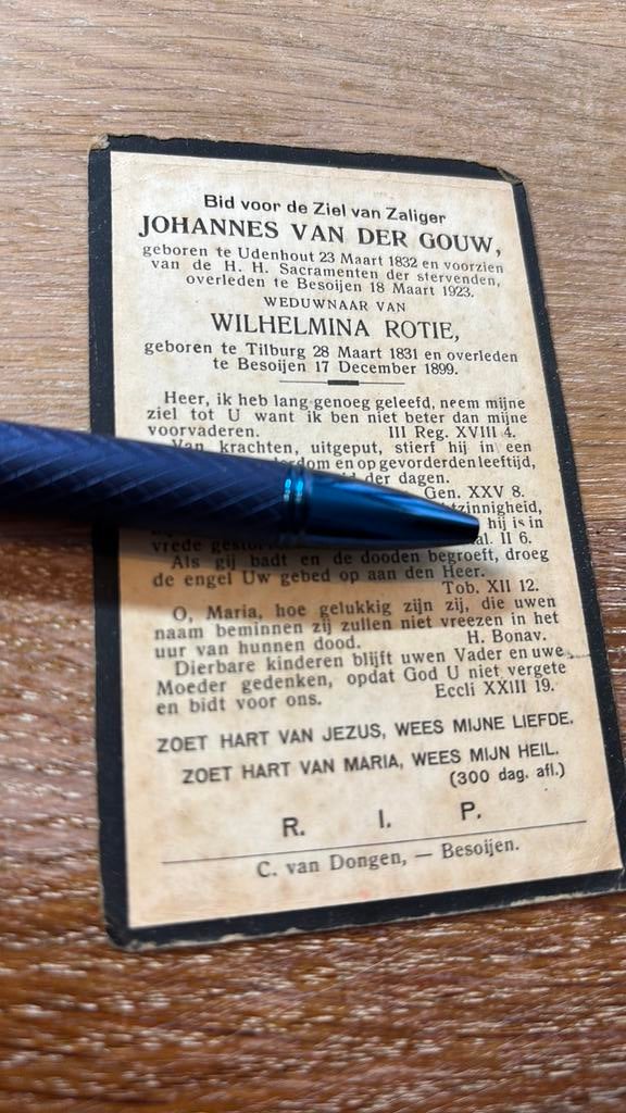 Gouw vd Johannes Udenhout Besoijen x Rotie 1831 Tilburg 1899, Ophalen of Verzenden, Bidprentje