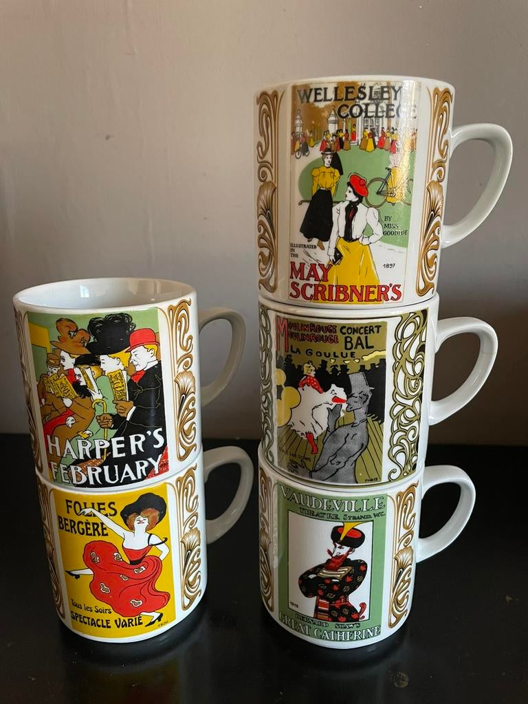 5 vintage reclame mokken moulin rouge, folies bergère,, Ophalen of Verzenden, Zo goed als nieuw, Overige stijlen, Kop(pen) en/of Schotel(s)