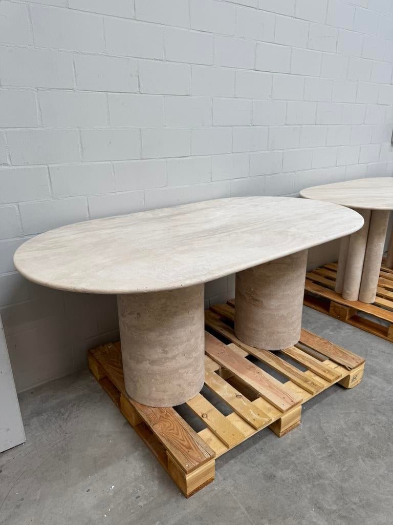 Solid Travertine Dining Table – Cylindrical Base 180x100cm, Ophalen of Verzenden, Nieuw