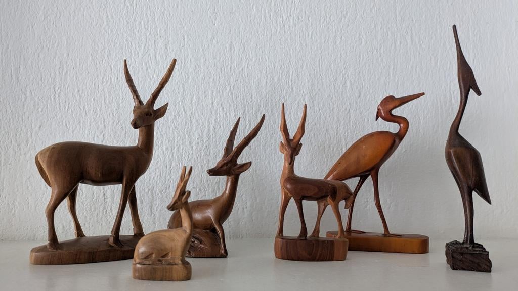 Mid-century Vintage houtsnijwerk beeldjes hert vogel, Verzamelen, Beelden en Beeldjes, Ophalen of Verzenden, Zo goed als nieuw