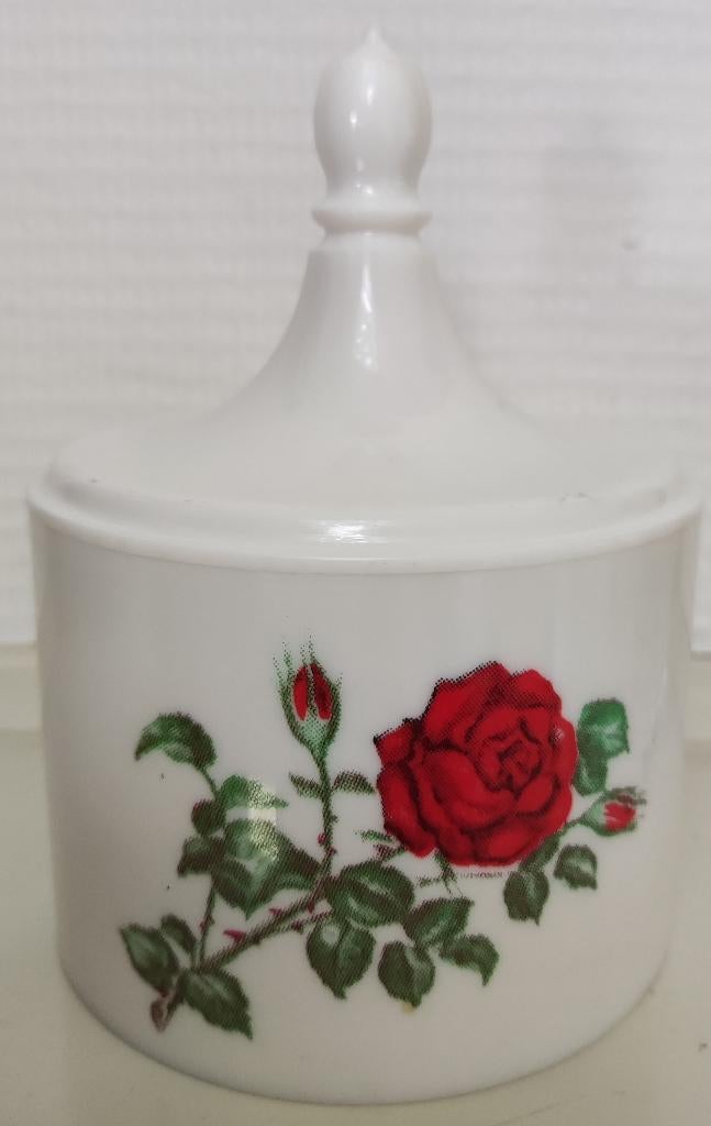 Vintage kunststof wattenpotje/voorraadpotje met roos, Antiek en Kunst, Curiosa en Brocante, Ophalen of Verzenden