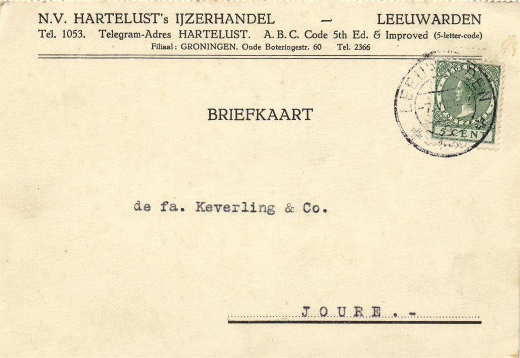 NV Hartelust IJzerhandel - Leeuwarden - 07.1930 - briefkaart, Ophalen of Verzenden, Briefkaart