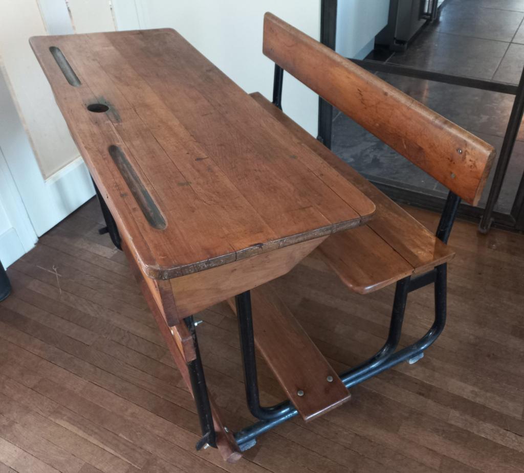 Vintage retro industrieel schoolbankje, franse lessenaar, Ophalen, Opbergruimte, Gebruikt, Schoolbureau