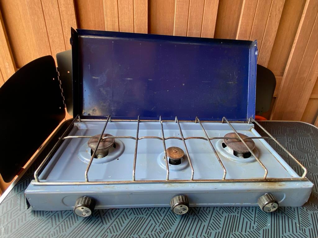 Camping gasstel met 3 pitten en gasslang, Caravans en Kamperen, Ophalen of Verzenden, Gebruikt