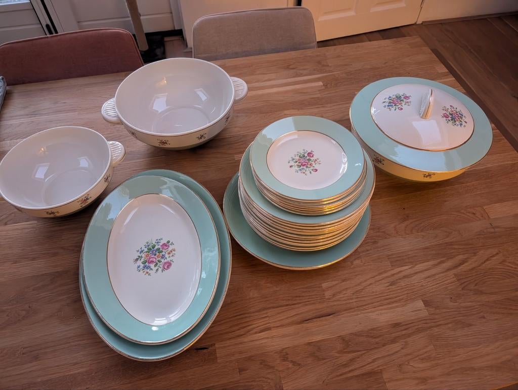 Vintage Frans servies set groen goud compleet, Antiek en Kunst, Antiek | Servies compleet, Ophalen