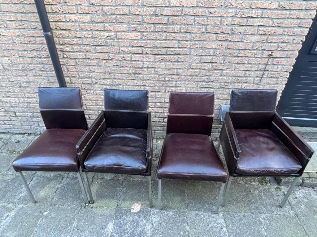 Set van 4  KFF Texas Designstoelen in bruin leder., Ophalen, Bruin, Leer, Zo goed als nieuw