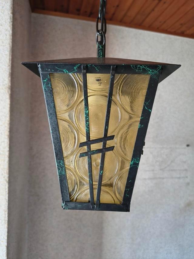 * Vintage metalen lamp, geel glas *, Huis en Inrichting, Lampen | Hanglampen, Gebruikt, 50 tot 75 cm, Glas, Metaal, Ophalen of Verzenden