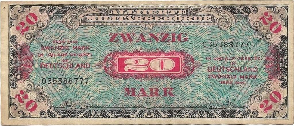 Duitsland 20 mark 1944 Geallieerde bezetting, Ophalen of Verzenden, Duitsland, Los biljet