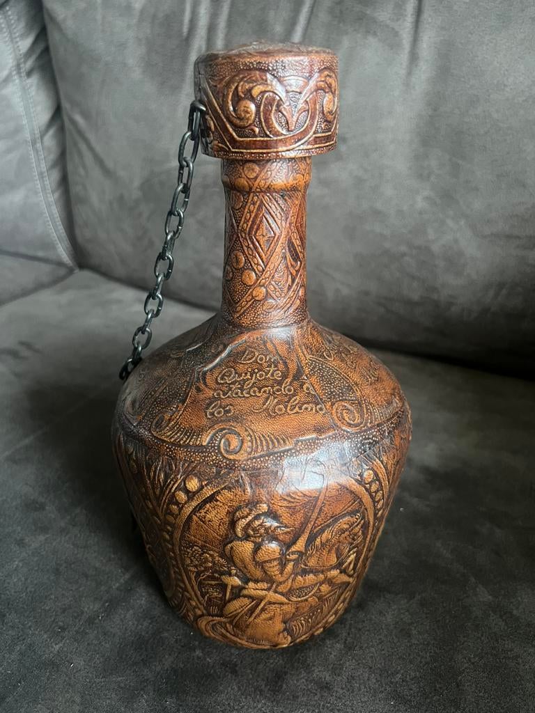 Leren Handgemaakte Cognac Fles Spanje Jaren '70., Ophalen of Verzenden