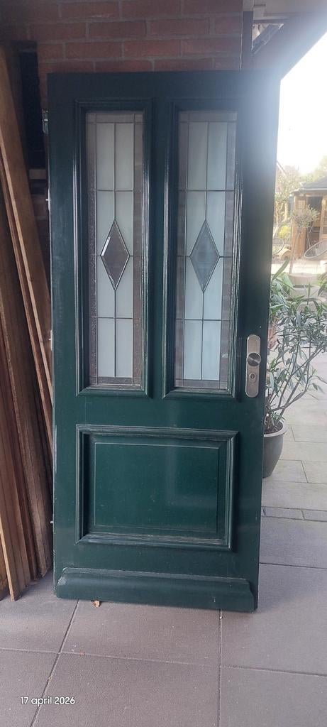 Groene voordeur met glas-in-lood drie punts slot, Ophalen, Gebruikt, 200 tot 215 cm, Glas
